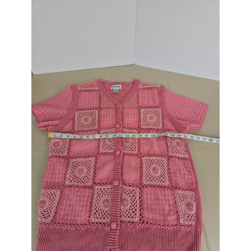Grandma/ Cottage Core Pink Patchwork Crochet Plaid Button Front Sweater Womens S
